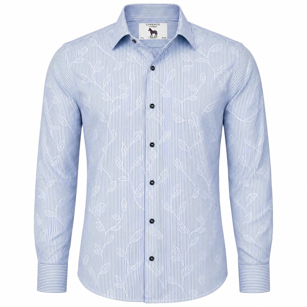 Lorenzo Uomo Trim Fit Dress Shirt Men 17.534/35 Blue Stripe Leaf Jacquard Cotton
